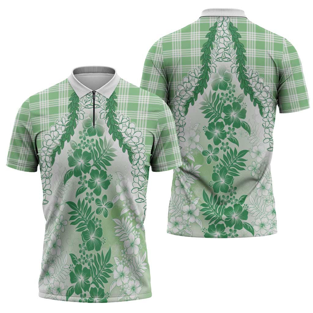 Aloha Hawaii Palaka Zipper Polo Shirt Green Plumeria Lei - Polynesian Pride