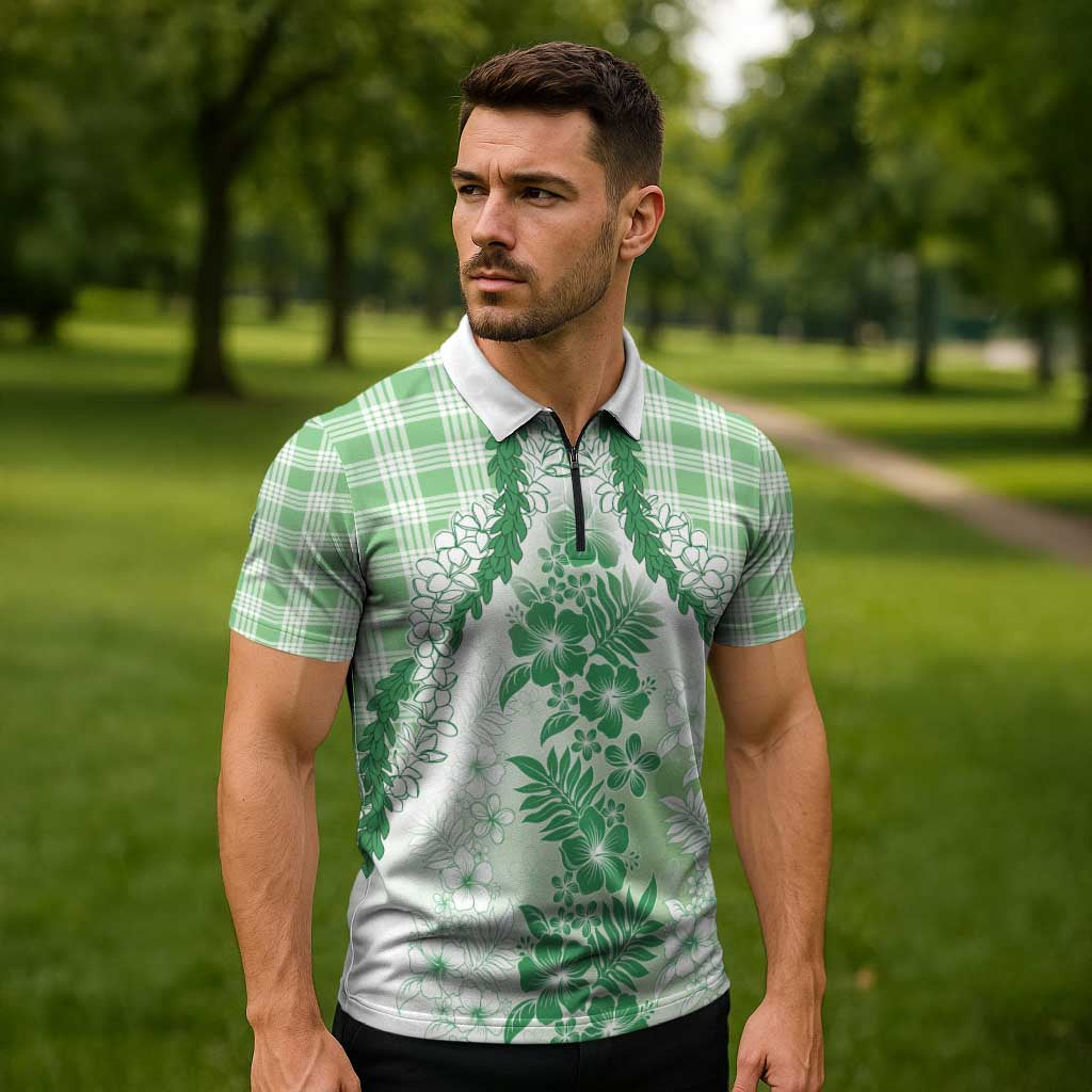 Aloha Hawaii Palaka Zipper Polo Shirt Green Plumeria Lei - Polynesian Pride