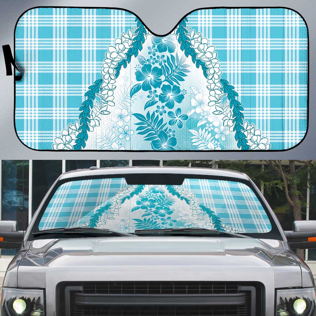 Aloha Hawaii Palaka Auto Sun Shade Blue Plumeria Lei - Polynesian Pride
