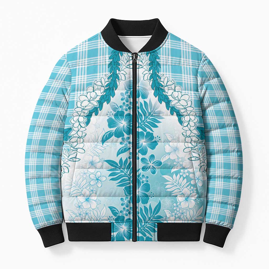 Aloha Hawaii Palaka Bomber Puffer Jacket Blue Plumeria Lei - Polynesian Pride
