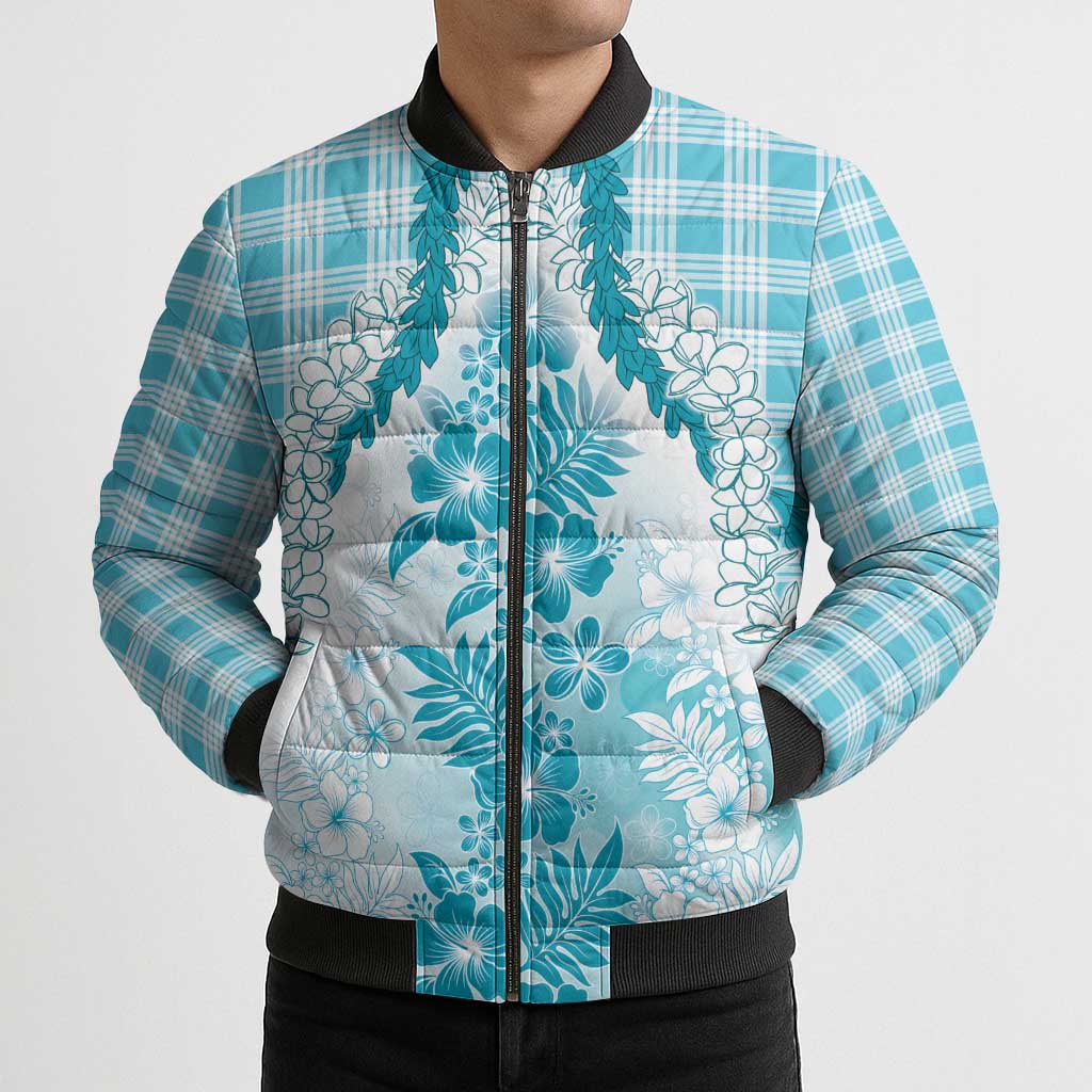 Aloha Hawaii Palaka Bomber Puffer Jacket Blue Plumeria Lei - Polynesian Pride