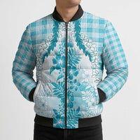 Aloha Hawaii Palaka Bomber Puffer Jacket Blue Plumeria Lei - Polynesian Pride