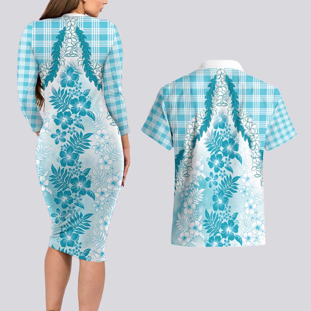 Aloha Hawaii Palaka Couples Matching Long Sleeve Bodycon Dress and Hawaiian Shirt Blue Plumeria Lei - Polynesian Pride