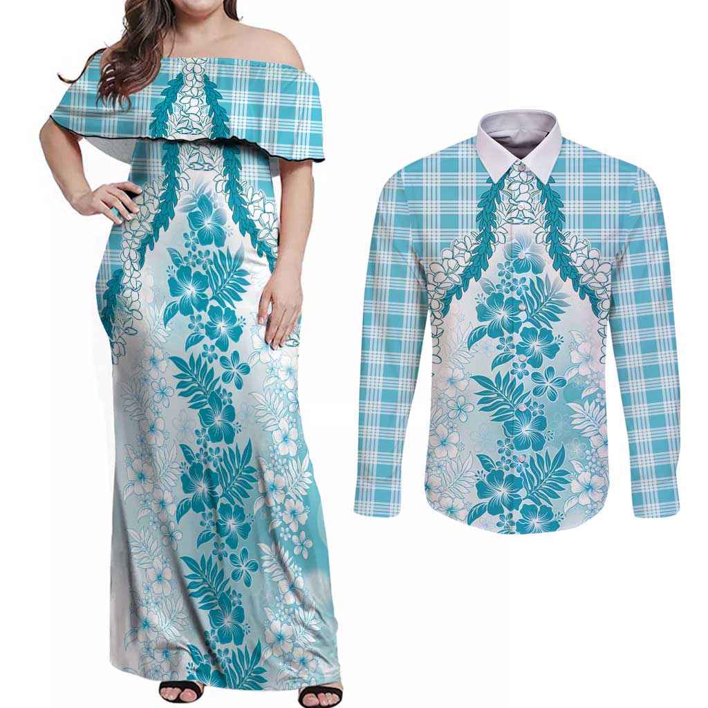 Aloha Hawaii Palaka Couples Matching Off Shoulder Maxi Dress and Long Sleeve Button Shirt Blue Plumeria Lei - Polynesian Pride