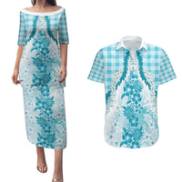 Aloha Hawaii Palaka Couples Matching Puletasi and Hawaiian Shirt Blue Plumeria Lei - Polynesian Pride