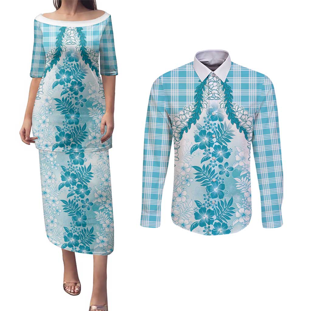 Aloha Hawaii Palaka Couples Matching Puletasi and Long Sleeve Button Shirt Blue Plumeria Lei - Polynesian Pride