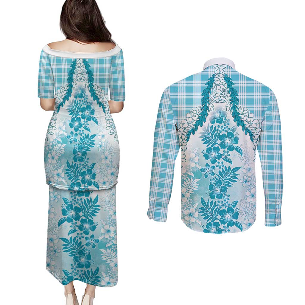 Aloha Hawaii Palaka Couples Matching Puletasi and Long Sleeve Button Shirt Blue Plumeria Lei - Polynesian Pride