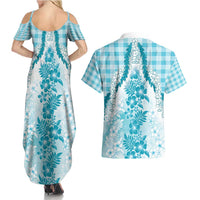 Aloha Hawaii Palaka Couples Matching Summer Maxi Dress and Hawaiian Shirt Blue Plumeria Lei - Polynesian Pride