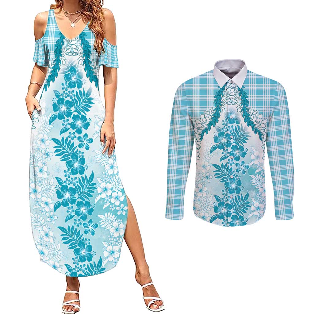 Aloha Hawaii Palaka Couples Matching Summer Maxi Dress and Long Sleeve Button Shirt Blue Plumeria Lei - Polynesian Pride
