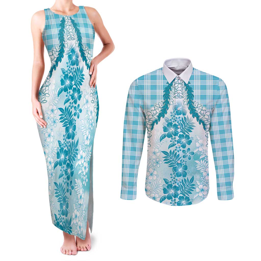 Aloha Hawaii Palaka Couples Matching Tank Maxi Dress and Long Sleeve Button Shirt Blue Plumeria Lei - Polynesian Pride