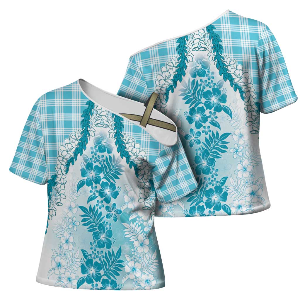 Aloha Hawaii Palaka Cross Shoulder Shirt Blue Plumeria Lei - Polynesian Pride