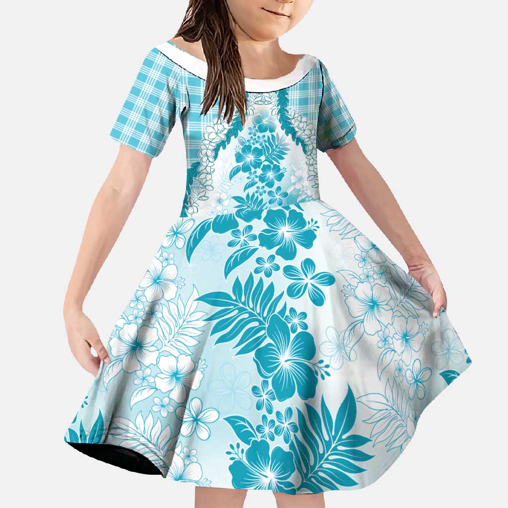 Aloha Hawaii Palaka Family Matching Long Sleeve Bodycon Dress and Hawaiian Shirt Blue Plumeria Lei - Polynesian Pride