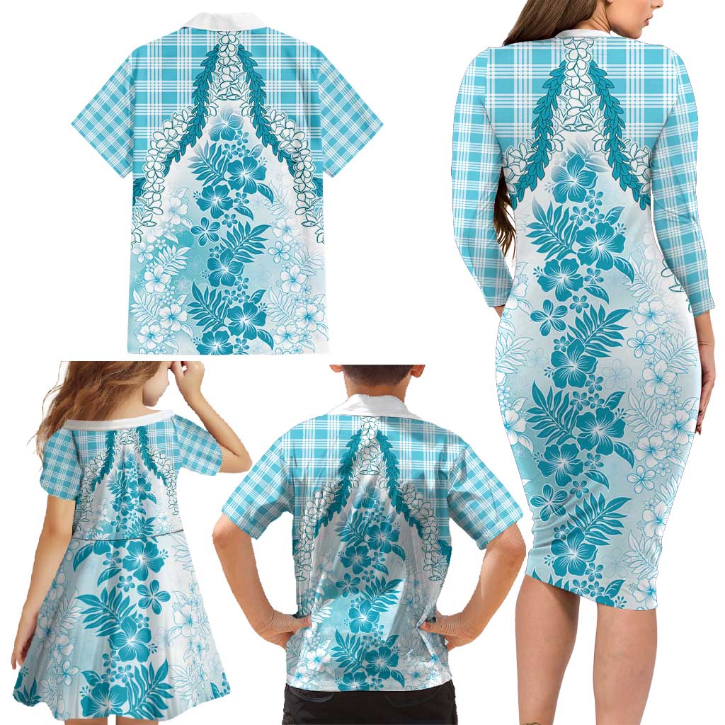 Aloha Hawaii Palaka Family Matching Long Sleeve Bodycon Dress and Hawaiian Shirt Blue Plumeria Lei - Polynesian Pride