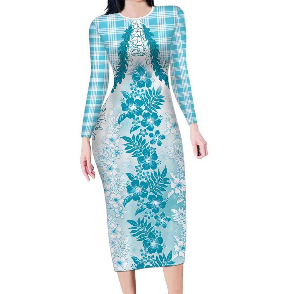 Aloha Hawaii Palaka Family Matching Long Sleeve Bodycon Dress and Hawaiian Shirt Blue Plumeria Lei - Polynesian Pride