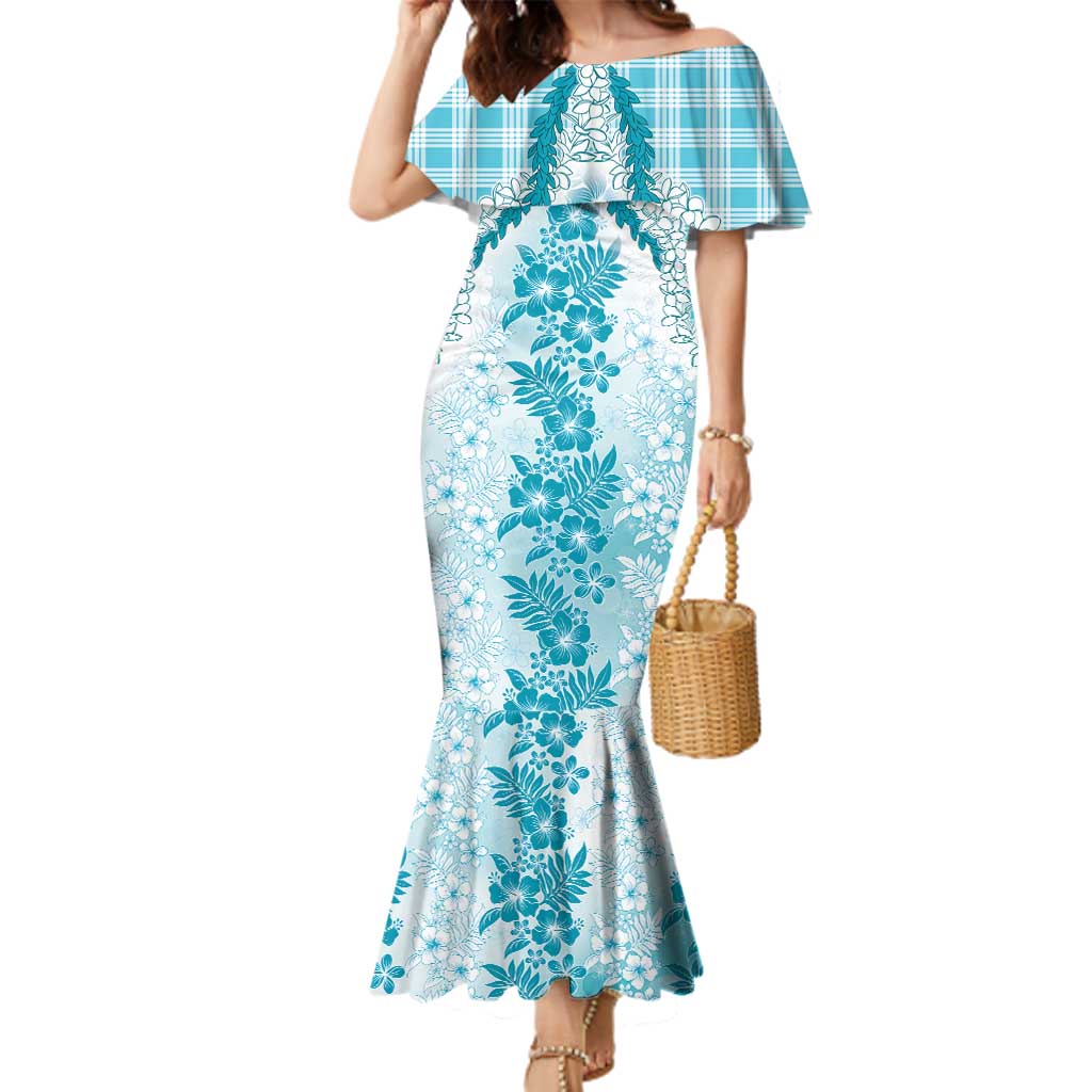 Aloha Hawaii Palaka Family Matching Mermaid Dress and Hawaiian Shirt Blue Plumeria Lei - Polynesian Pride