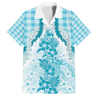 Aloha Hawaii Palaka Family Matching Off The Shoulder Long Sleeve Dress and Hawaiian Shirt Blue Plumeria Lei - Polynesian Pride