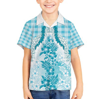 Aloha Hawaii Palaka Family Matching Off Shoulder Maxi Dress and Hawaiian Shirt Blue Plumeria Lei - Polynesian Pride