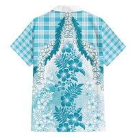 Aloha Hawaii Palaka Family Matching Off Shoulder Short Dress and Hawaiian Shirt Blue Plumeria Lei - Polynesian Pride