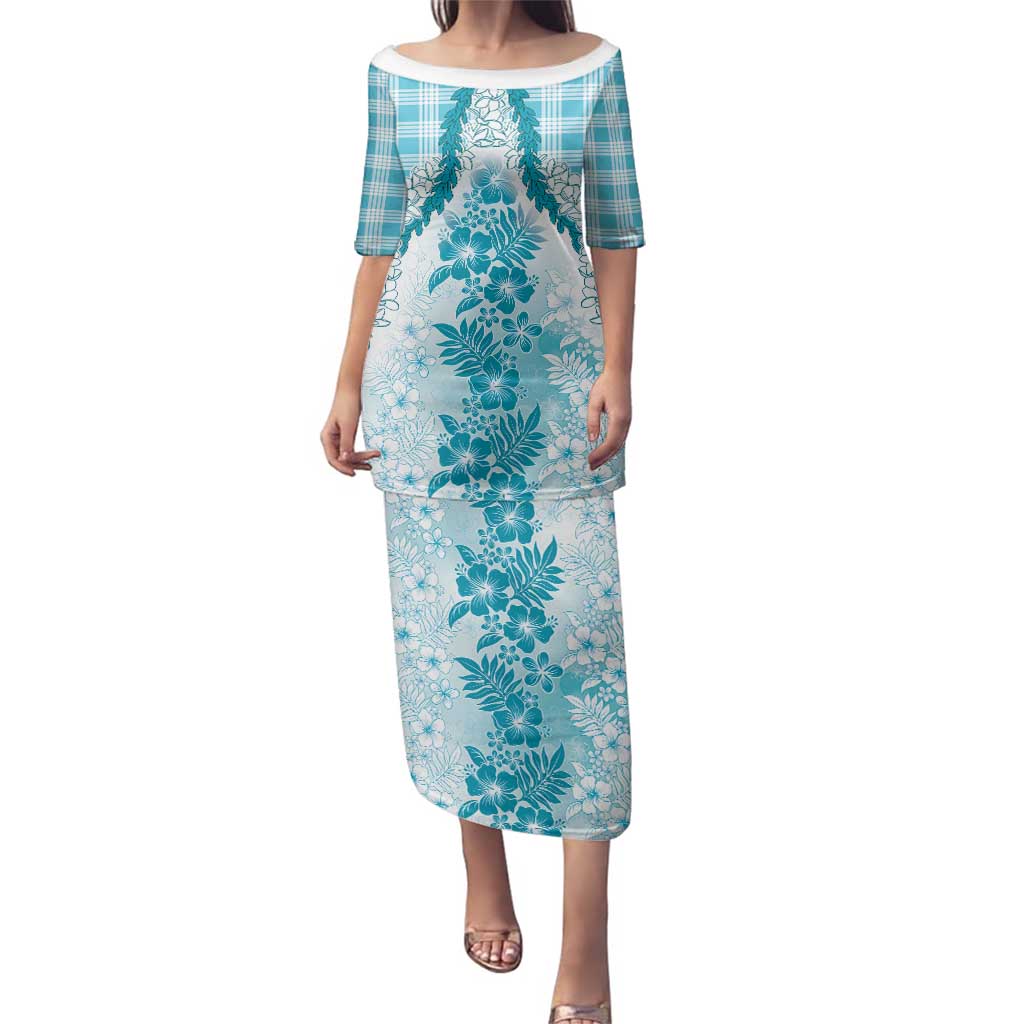 Aloha Hawaii Palaka Family Matching Puletasi and Hawaiian Shirt Blue Plumeria Lei - Polynesian Pride