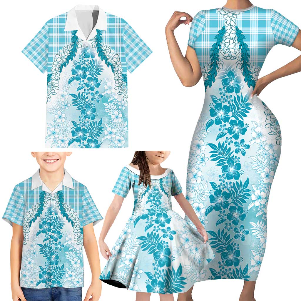 Aloha Hawaii Palaka Family Matching Short Sleeve Bodycon Dress and Hawaiian Shirt Blue Plumeria Lei - Polynesian Pride