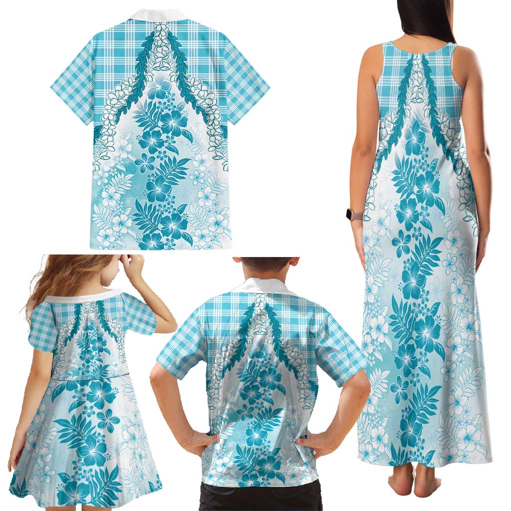 Aloha Hawaii Palaka Family Matching Tank Maxi Dress and Hawaiian Shirt Blue Plumeria Lei - Polynesian Pride
