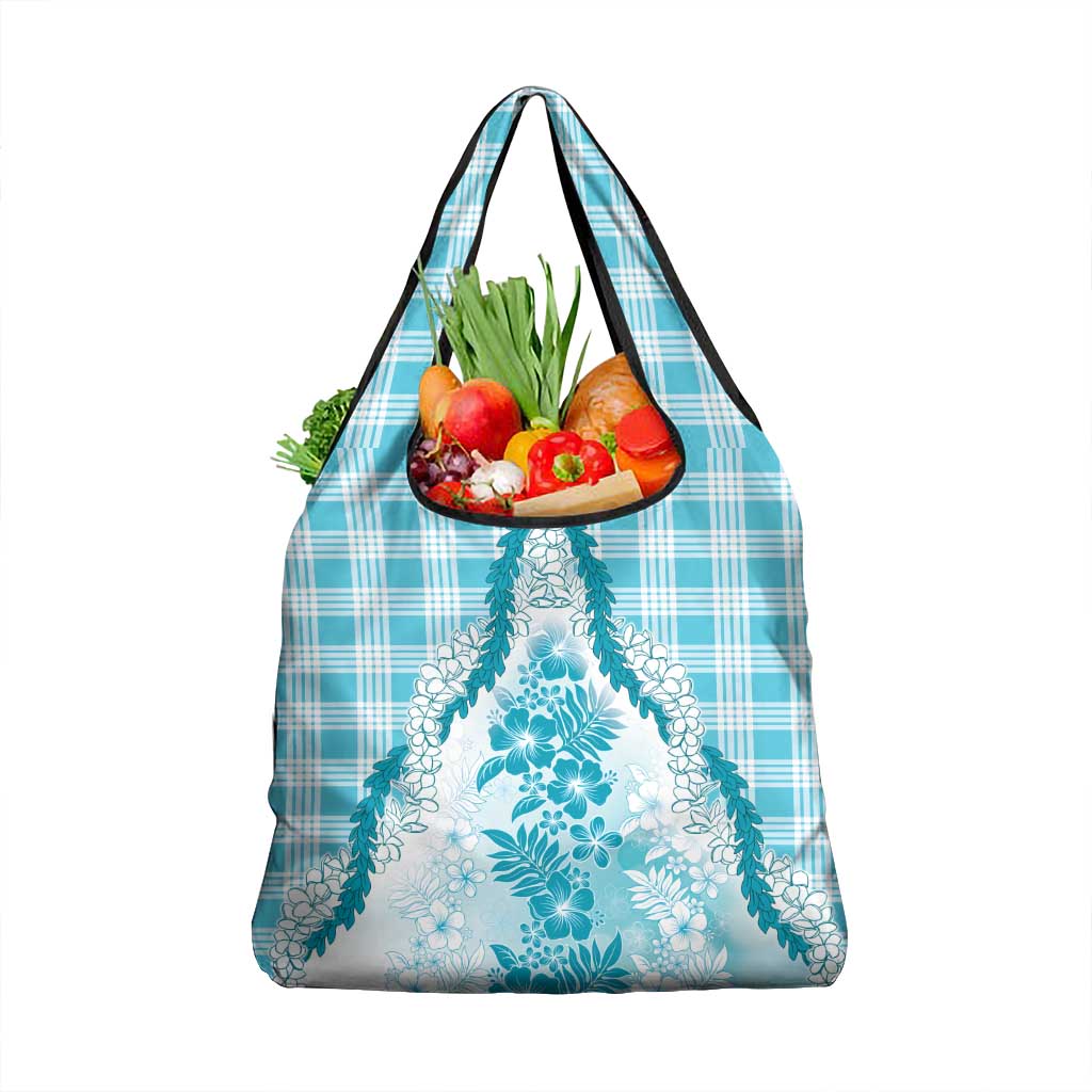 Aloha Hawaii Palaka Grocery Bag Blue Plumeria Lei - Polynesian Pride