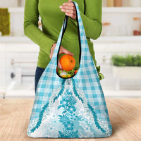 Aloha Hawaii Palaka Grocery Bag Blue Plumeria Lei - Polynesian Pride