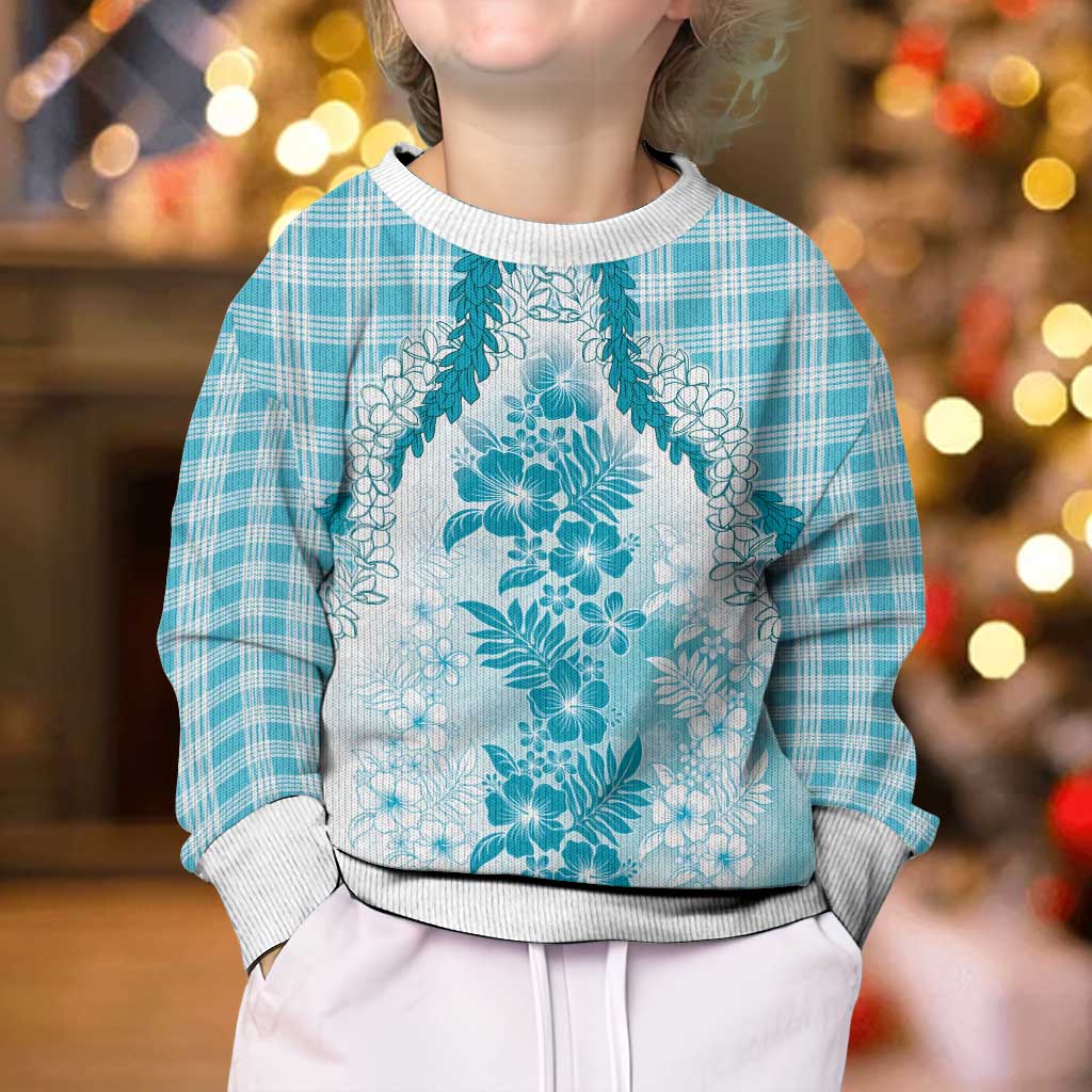 Aloha Hawaii Palaka Kid Ugly Christmas Sweater Blue Plumeria Lei - Polynesian Pride