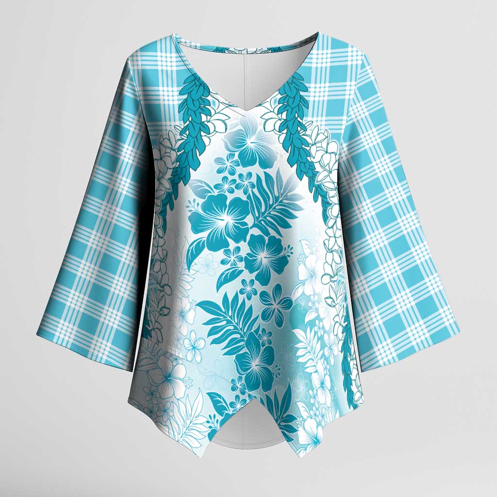 Aloha Hawaii Palaka Kimono Sleeve Blouse Blue Plumeria Lei - Polynesian Pride