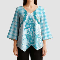 Aloha Hawaii Palaka Kimono Sleeve Blouse Blue Plumeria Lei - Polynesian Pride
