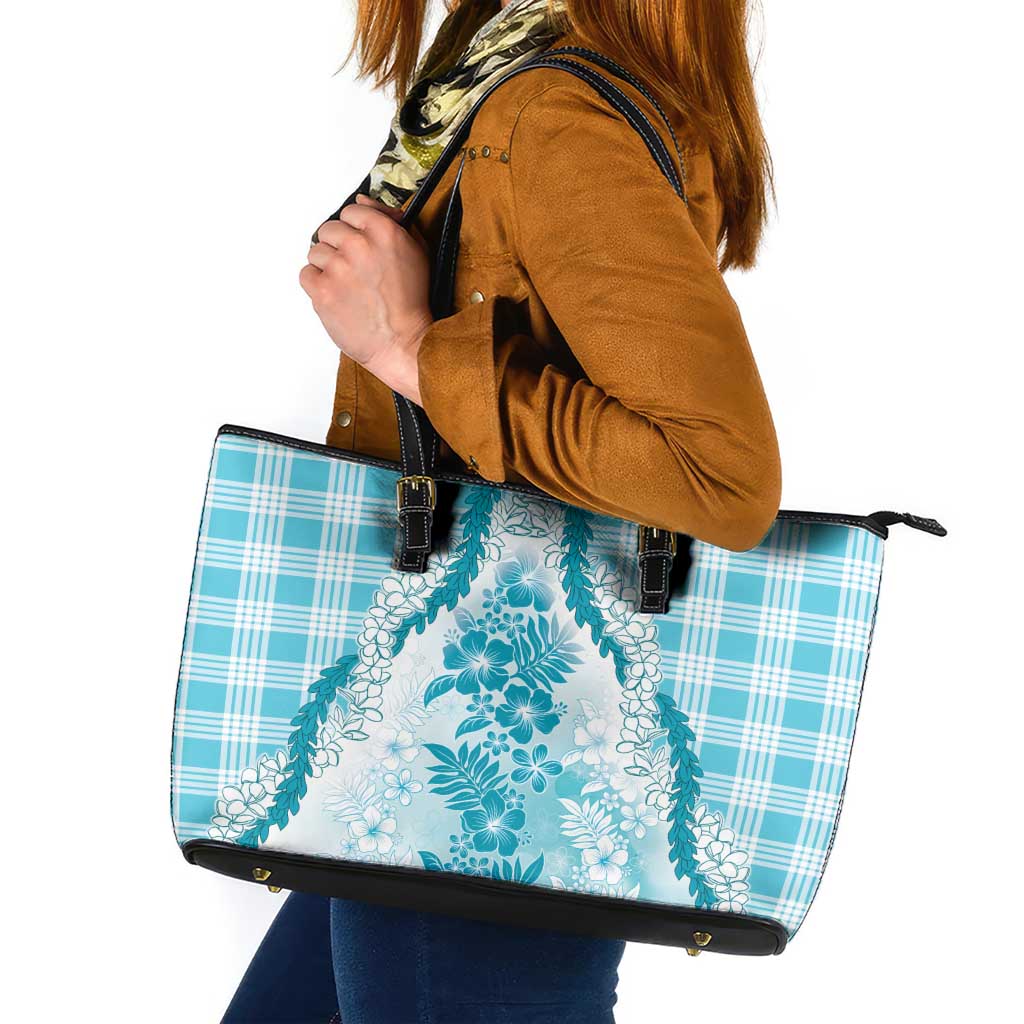 Aloha Hawaii Palaka Leather Tote Bag Blue Plumeria Lei - Polynesian Pride