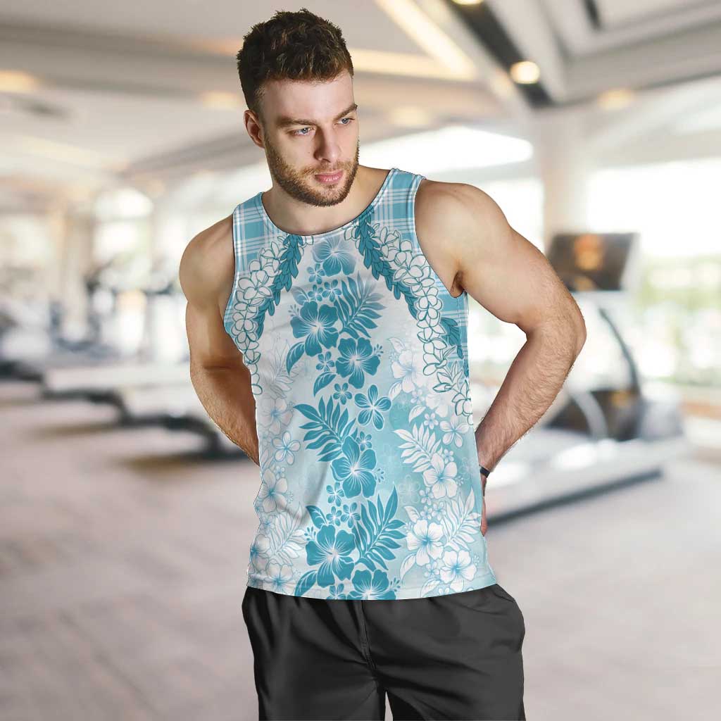 Aloha Hawaii Palaka Men Tank Top Blue Plumeria Lei - Polynesian Pride