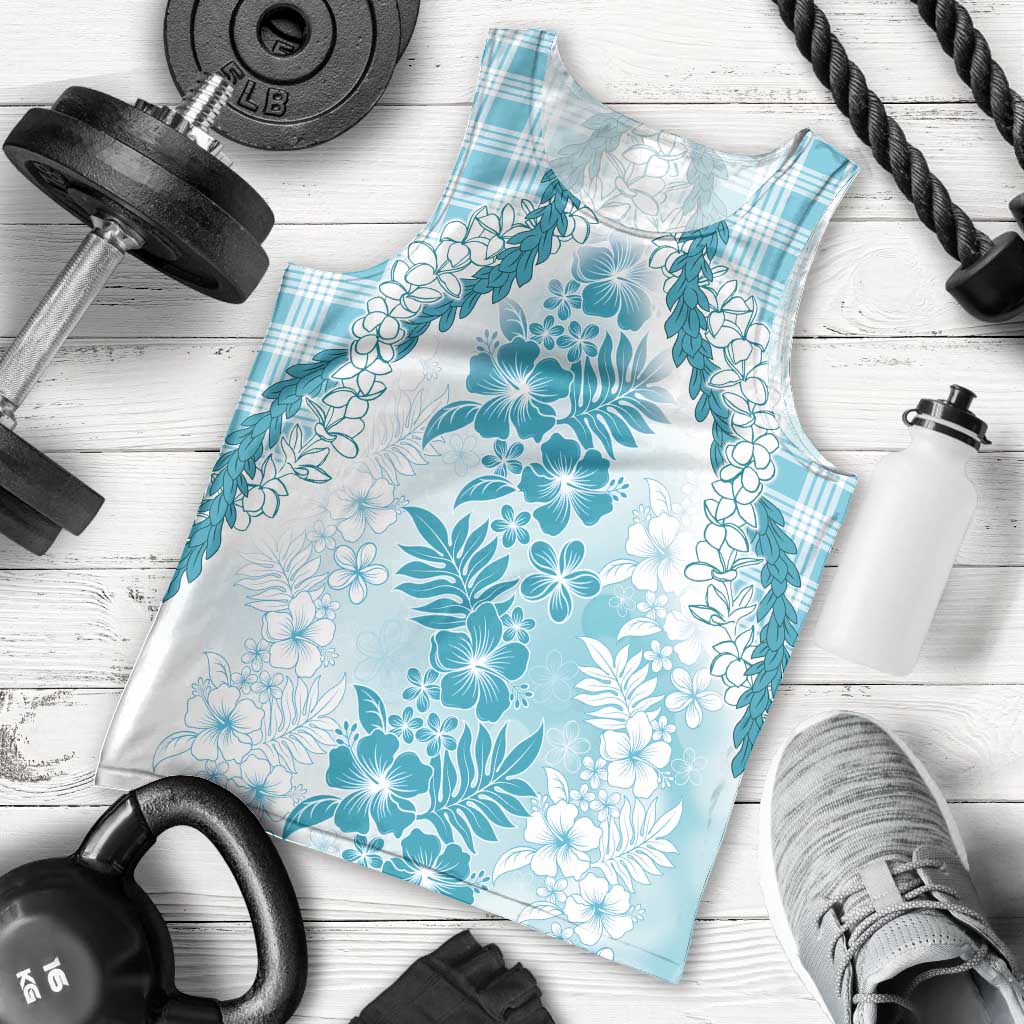 Aloha Hawaii Palaka Men Tank Top Blue Plumeria Lei - Polynesian Pride