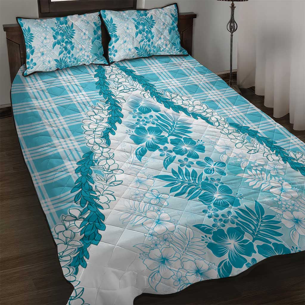Aloha Hawaii Palaka Quilt Bed Set Blue Plumeria Lei - Polynesian Pride