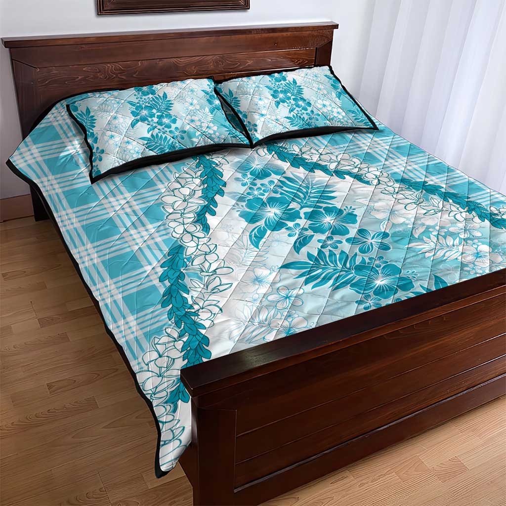 Aloha Hawaii Palaka Quilt Bed Set Blue Plumeria Lei - Polynesian Pride