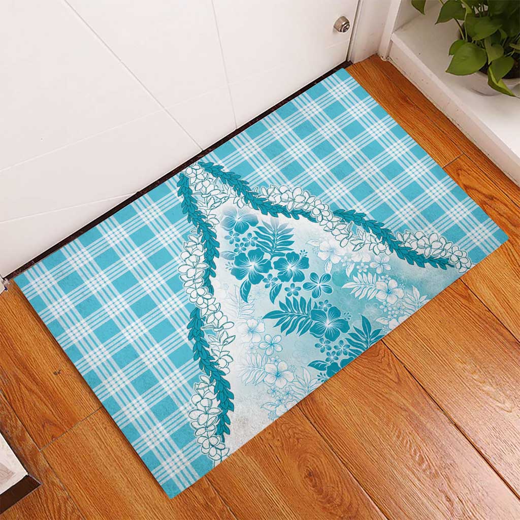 Aloha Hawaii Palaka Rubber Doormat Blue Plumeria Lei - Polynesian Pride