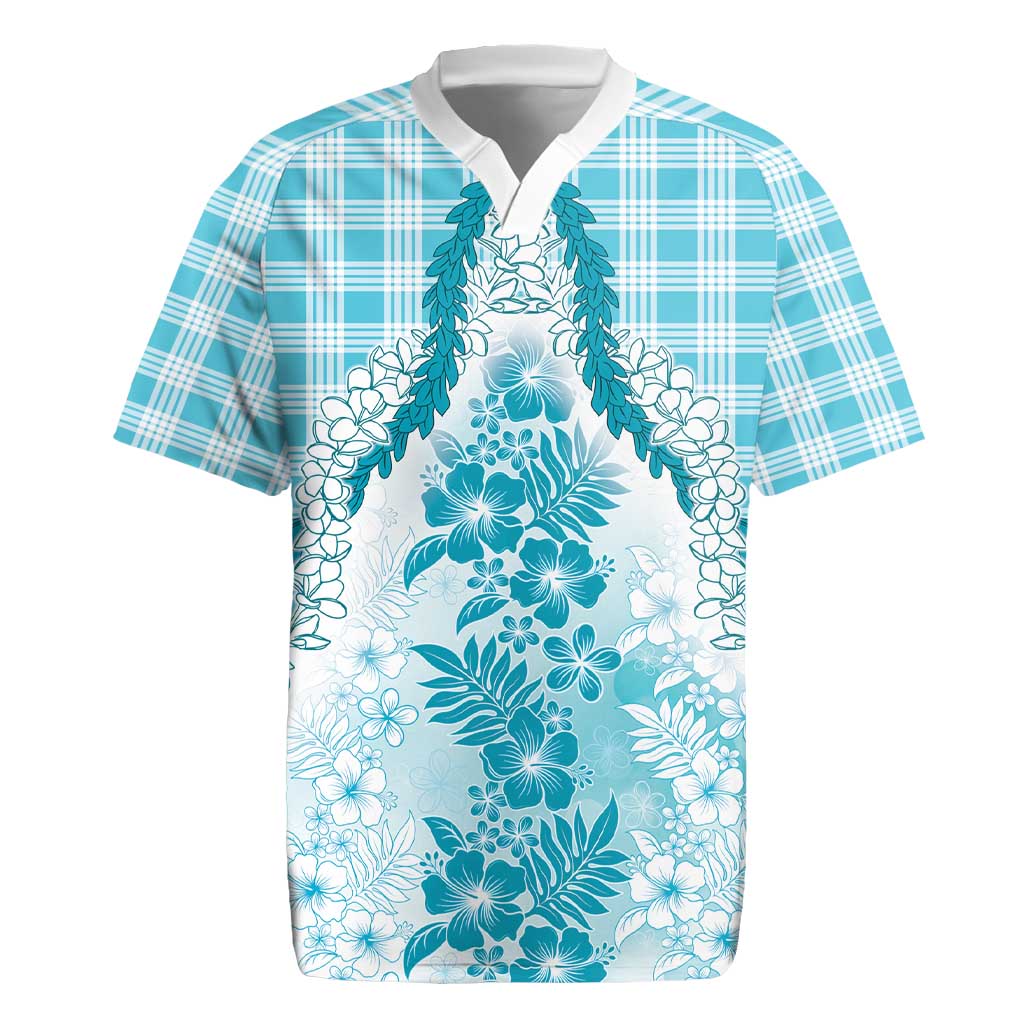 Aloha Hawaii Palaka Rugby Jersey Blue Plumeria Lei - Polynesian Pride