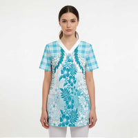 Aloha Hawaii Palaka Scrub Top Blue Plumeria Lei - Polynesian Pride