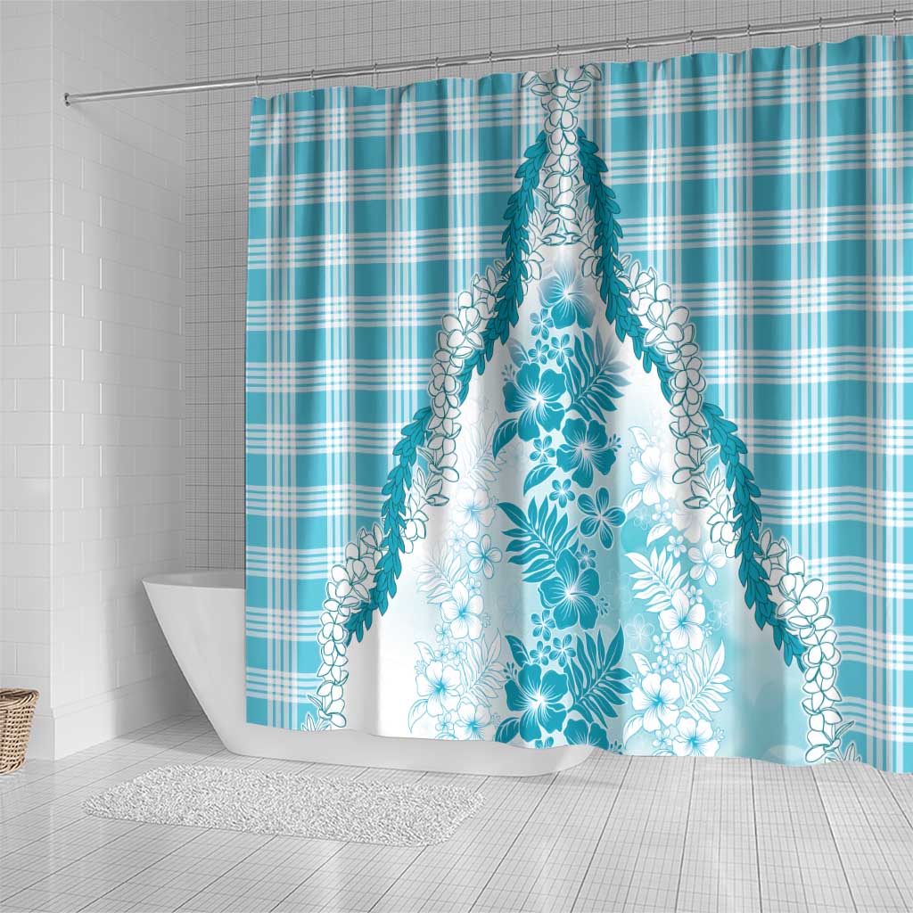 Aloha Hawaii Palaka Shower Curtain Blue Plumeria Lei - Polynesian Pride