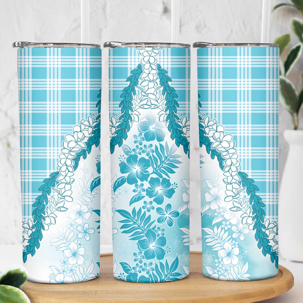 Aloha Hawaii Palaka Skinny Tumbler Blue Plumeria Lei - Polynesian Pride