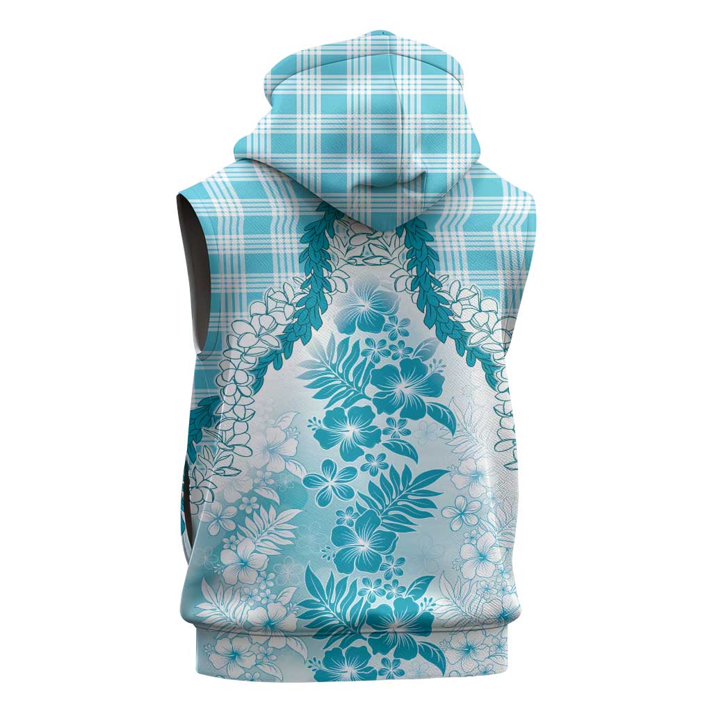 Aloha Hawaii Palaka Sleeveless Zip Hoodie Blue Plumeria Lei - Polynesian Pride
