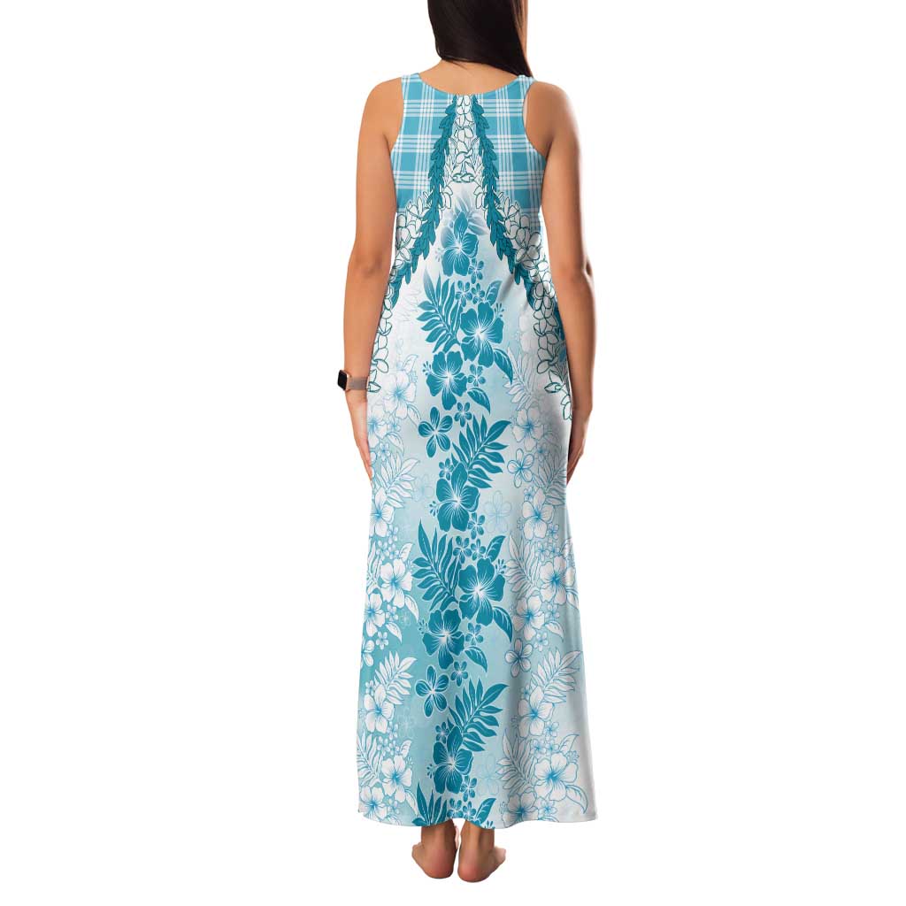 Aloha Hawaii Palaka Tank Maxi Dress Blue Plumeria Lei - Polynesian Pride