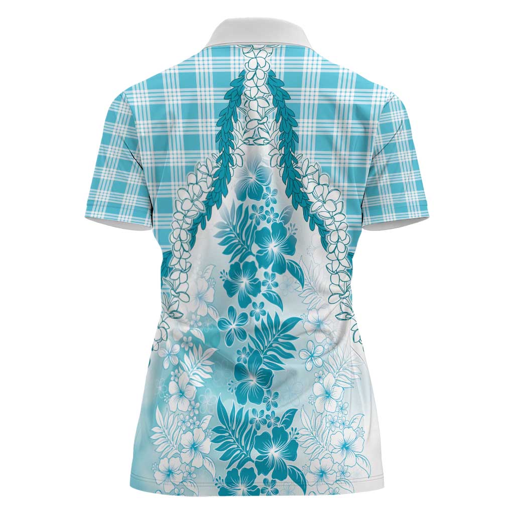 Aloha Hawaii Palaka Women Polo Shirt Blue Plumeria Lei - Polynesian Pride