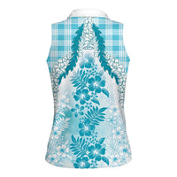 Aloha Hawaii Palaka Women Sleeveless Polo Shirt Blue Plumeria Lei - Polynesian Pride
