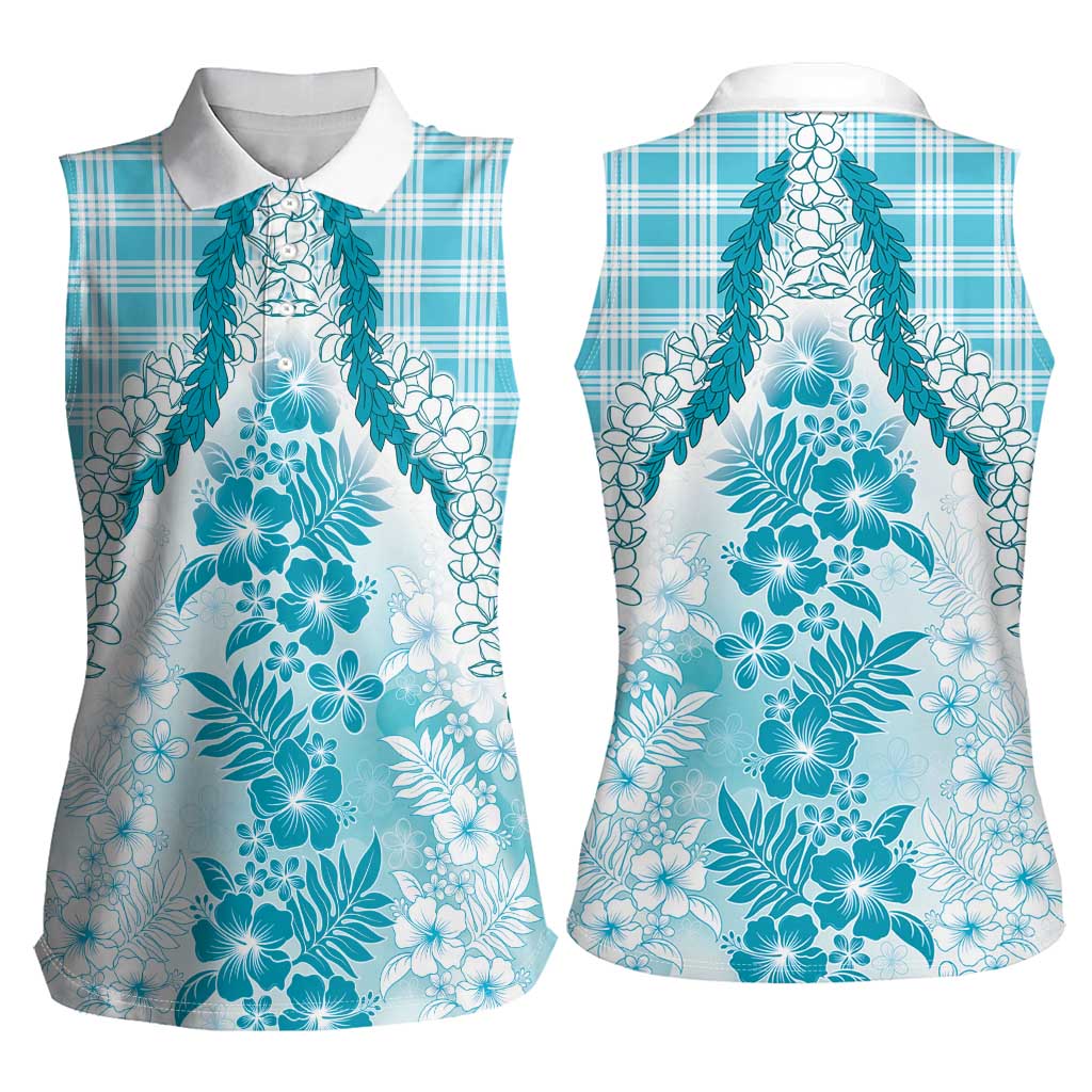 Aloha Hawaii Palaka Women Sleeveless Polo Shirt Blue Plumeria Lei - Polynesian Pride