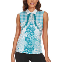 Aloha Hawaii Palaka Women Sleeveless Polo Shirt Blue Plumeria Lei - Polynesian Pride