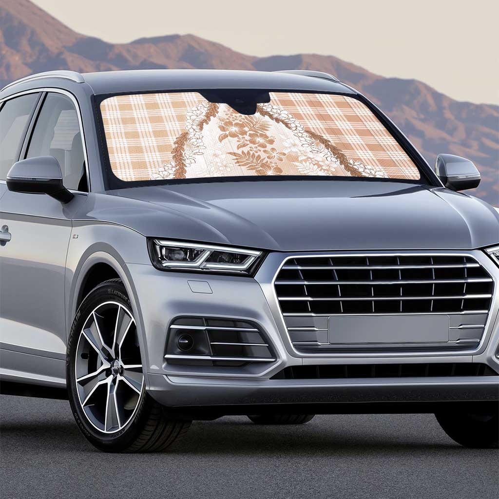 Aloha Hawaii Palaka Auto Sun Shade Beige Plumeria Lei - Polynesian Pride