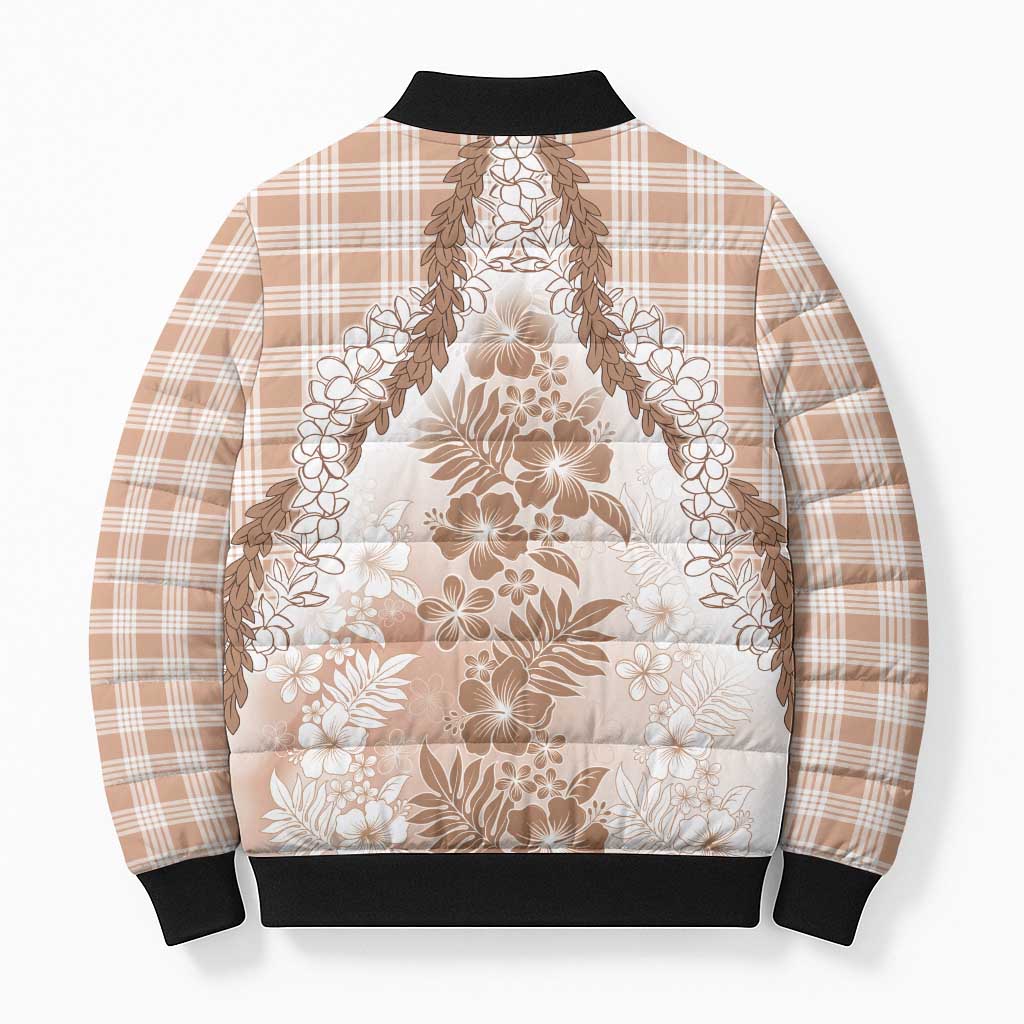 Aloha Hawaii Palaka Bomber Puffer Jacket Beige Plumeria Lei - Polynesian Pride
