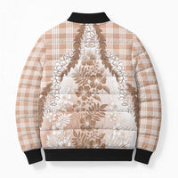 Aloha Hawaii Palaka Bomber Puffer Jacket Beige Plumeria Lei - Polynesian Pride