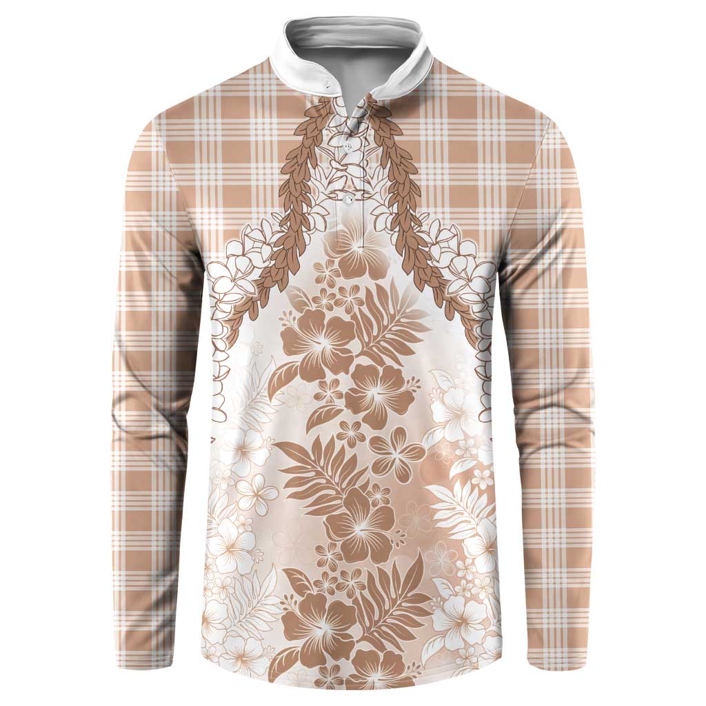 Aloha Hawaii Palaka Button Sweatshirt Beige Plumeria Lei - Polynesian Pride